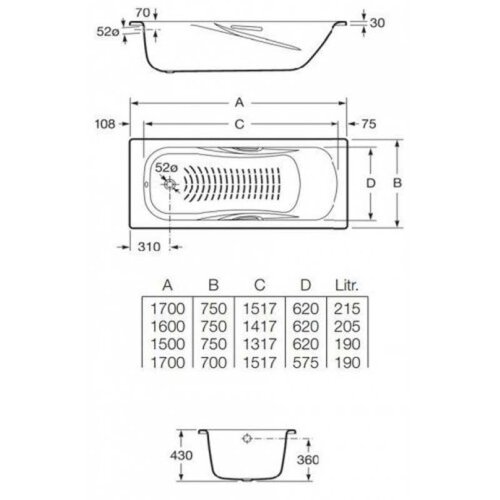 Ванна стальная Roca PRINCESS 150х75, противоскользящее покрытие