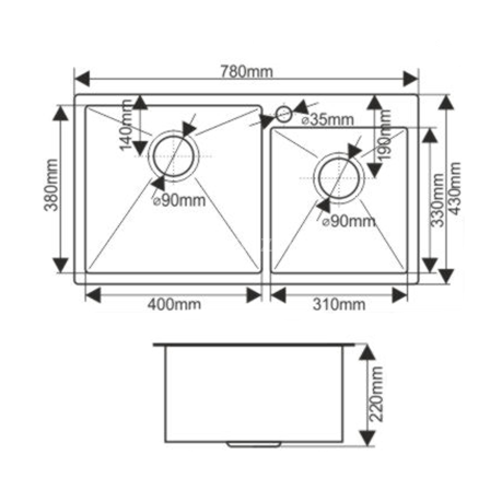 Мойка 7843 MELANA ProfLine 3,0/220 САТИН 2-я чаша, врезная прямоугольная S7843H
