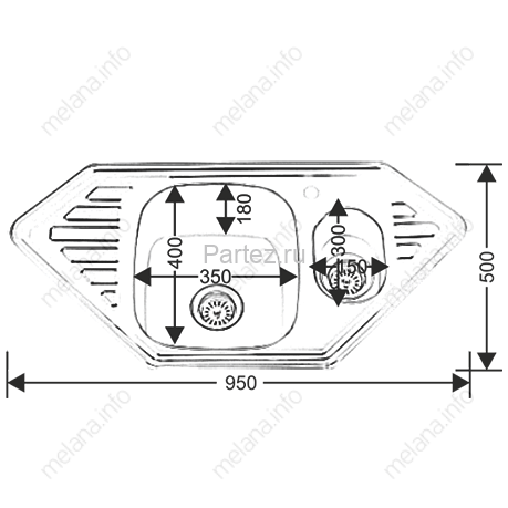 Мойка 9550C MELANA 0,8/180 1,5-я чаша врезная угловая с сифоном (222 С t *7)