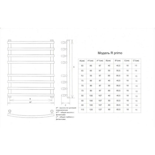 Полотенцесушитель водяной ДВИН R Primo 100/50 1"-3/4"-1/2" К3 Полированный (4627085953012)