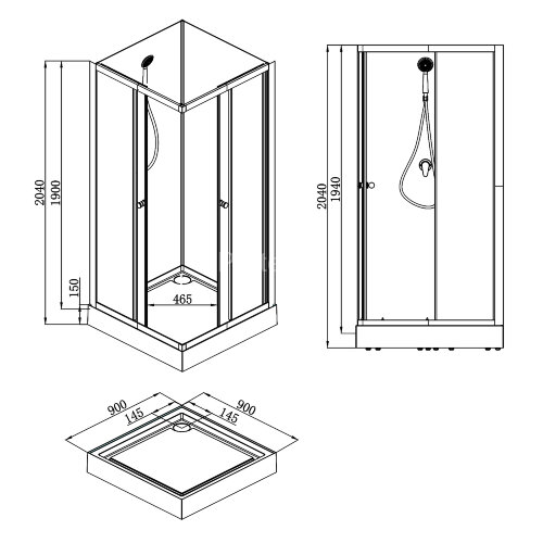 Душевая кабина Loranto NEO 90x90x(190+15) c низким поддоном 15см, прозрачное закаленное стекло 5 мм,задние стеклянные стенки белые, профиль черный-мат