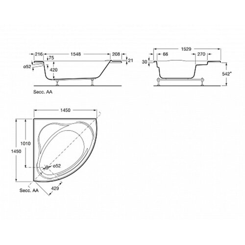 Ванна акриловая Roca Bali 145х145 угловая, белая (7.2480.6.300.1)
