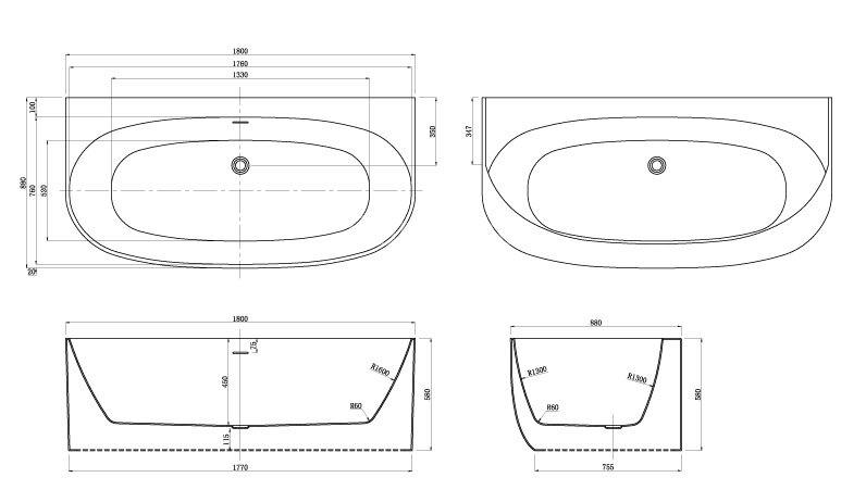 Ванна акриловая Azario Cambridge 1800X880X580, пристенная, в комплекте с сифоном и металлической рам