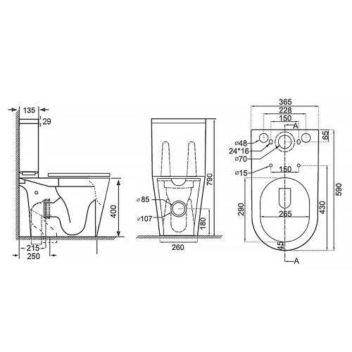 Унитаз-компакт Azario Flin 365х590х790 напольный, безободковый с быстросъемным сиденьем микролифт (A