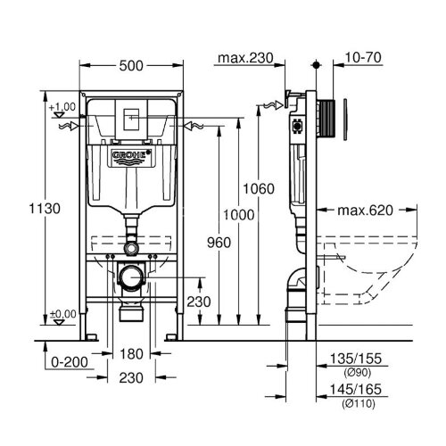 Инсталляция для подвесного унитаза 4 в 1 Rapid SL , с кнопкой SkateCosmopolitan, монтажная высота 1,
