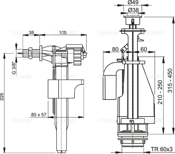 Выпускной комплект Alca Plast, с двойной кнопкой, хром (SA08ASK 3/8" CHROM)