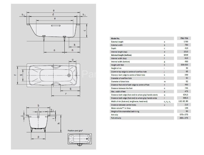 Ванна стальная Kaldewei CAYONO 1700х750х410 мм, AntiSlip, Easy Clean, alpine white, без ножек