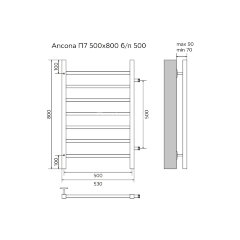 Полотенцесушитель водяной AZARIO ANCONA 500/800 квадрат, 7 секций, боковое подключение, 3/4", хром (