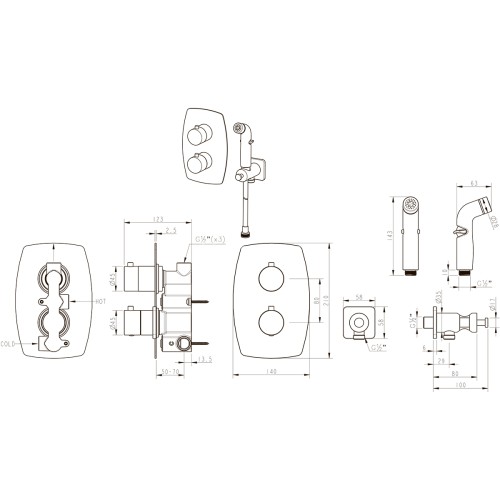 Смеситель Lemark Ursus LM7240BL термостатический с гигиеническим душем, встраиваемый